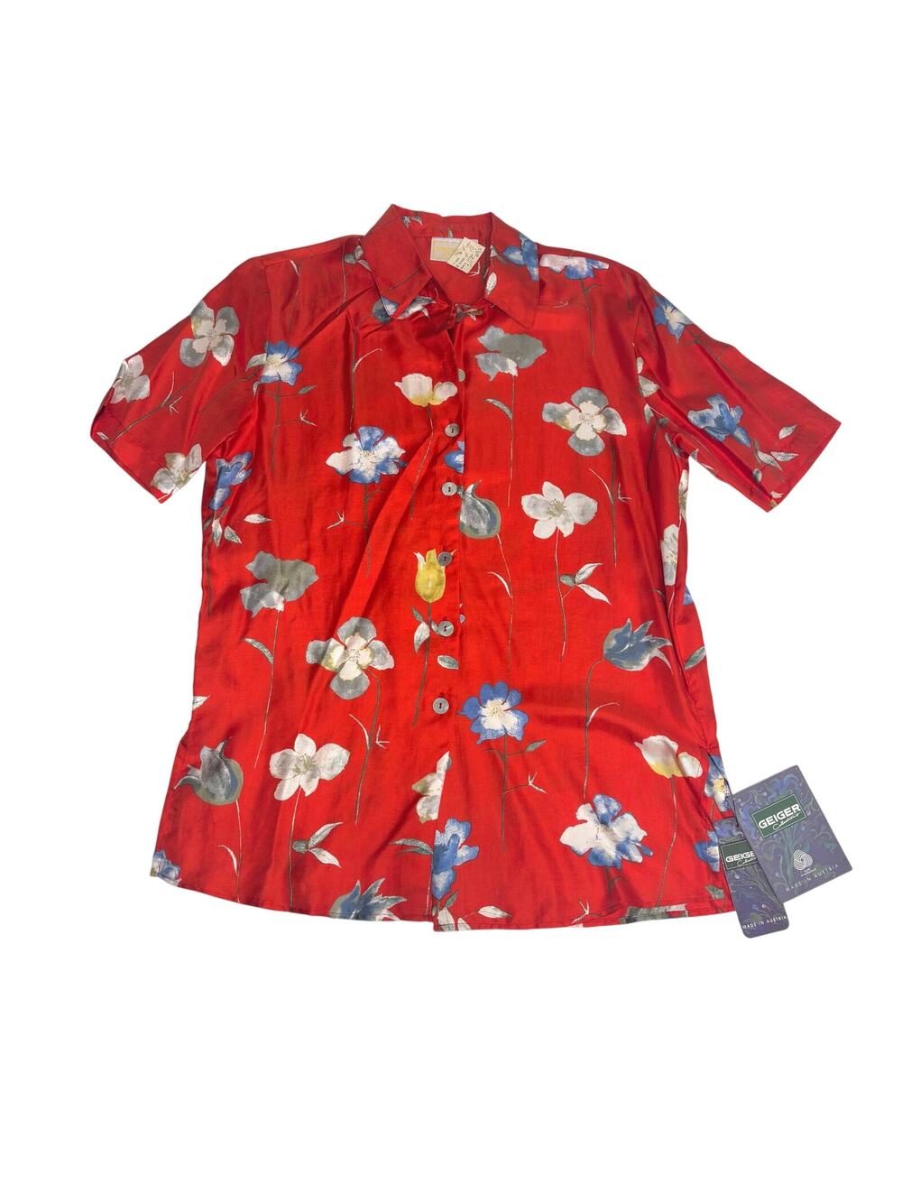 Geiger Vintage Deadstock Floral Silk Short Sleeve Button Down Shirt Red 34